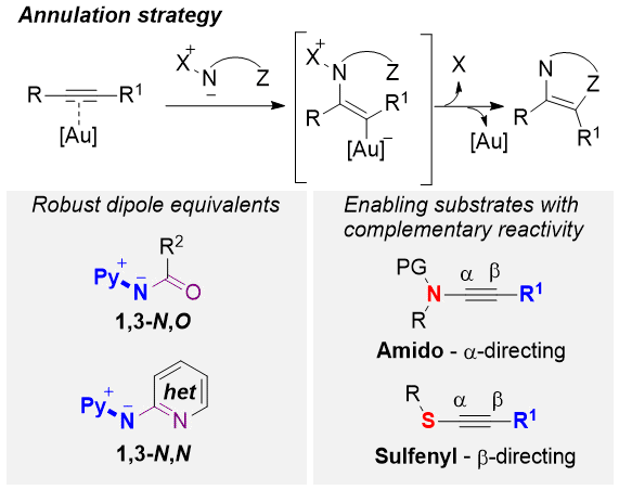 Showing a general chemdraw for an annulation using a nitrenoid and a heteroatom substituted alkyne